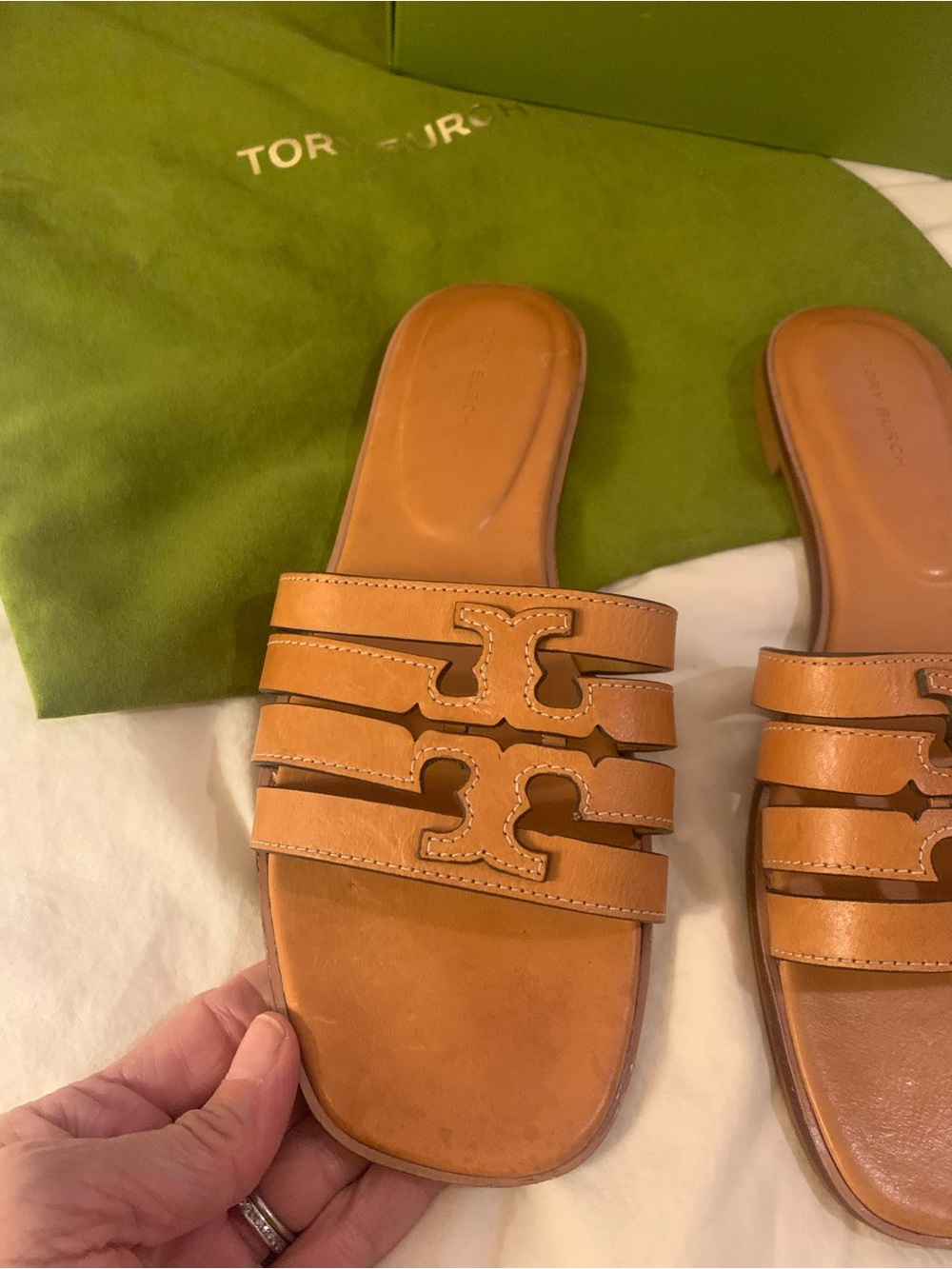 Tory Burch Tan Triple-Strap Leather Slide Mules - Picture 2 of 4